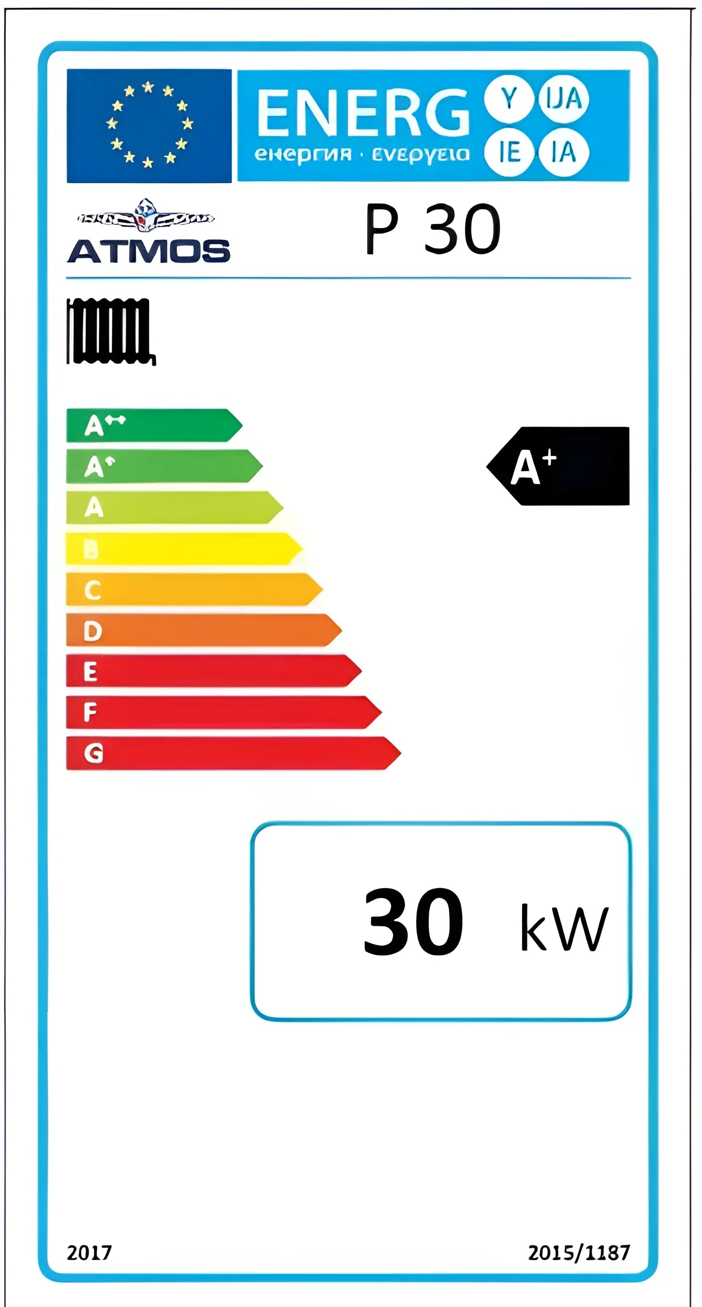 Energieeffizienzlabel für Heizgerät Pelletkessel ATMOS P30 mit Holznotbetrieb