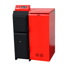 Red und schwarzer Heizblock vom Thermoflux Pelling 25/135 mit Hygiene-Frischwasser-Kombispeicher