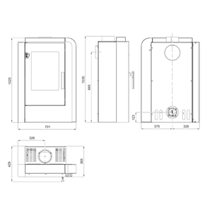 Technische Zeichnung des Kaminofens Aruba Easy von Haas + Sohn, Maße in cm, stilvolles Design und effiziente Heizleistung.
