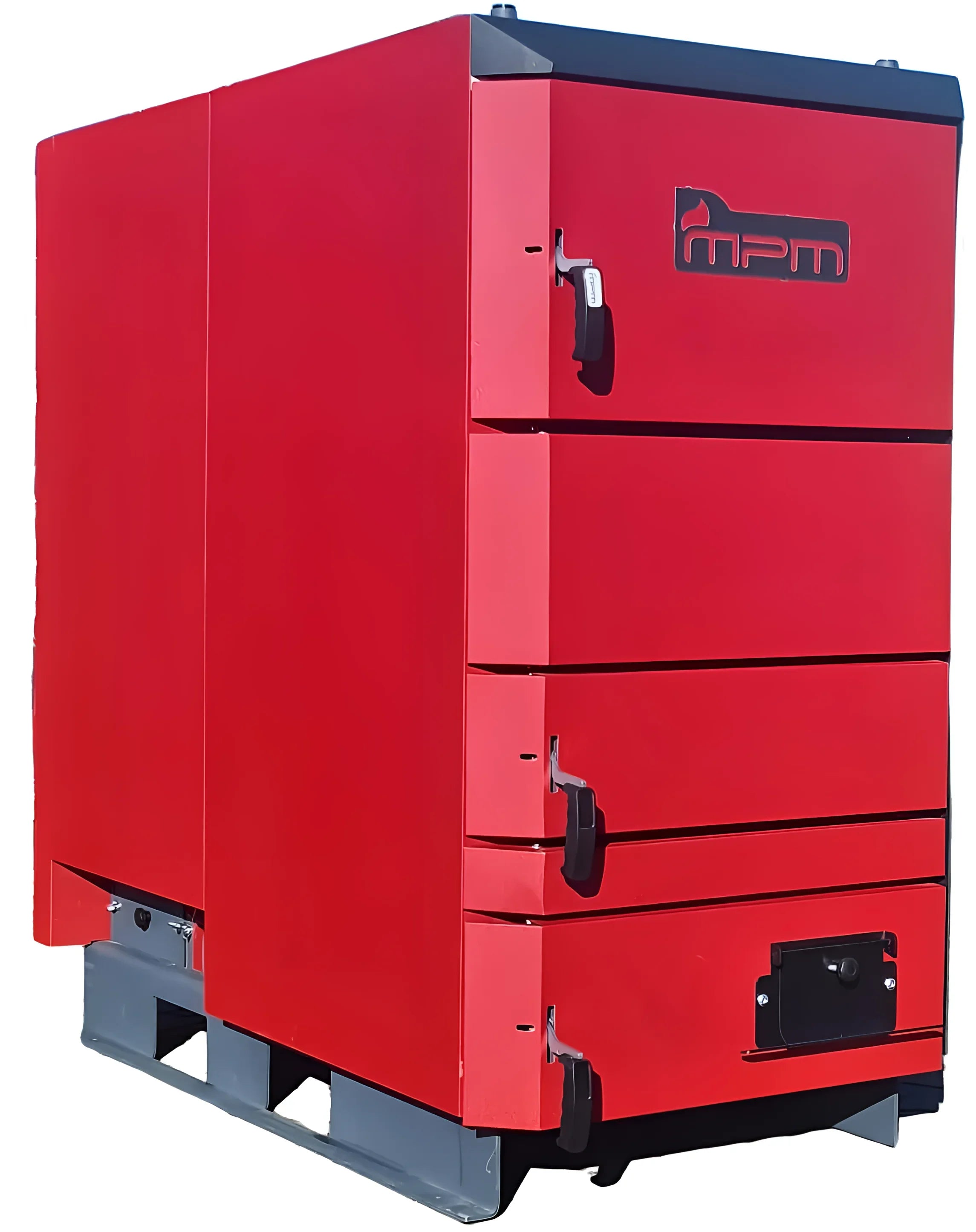 Roter Industrieheizkessel mit mehreren Zugangstüren für Holzvergaser Holz Plus 18 kW