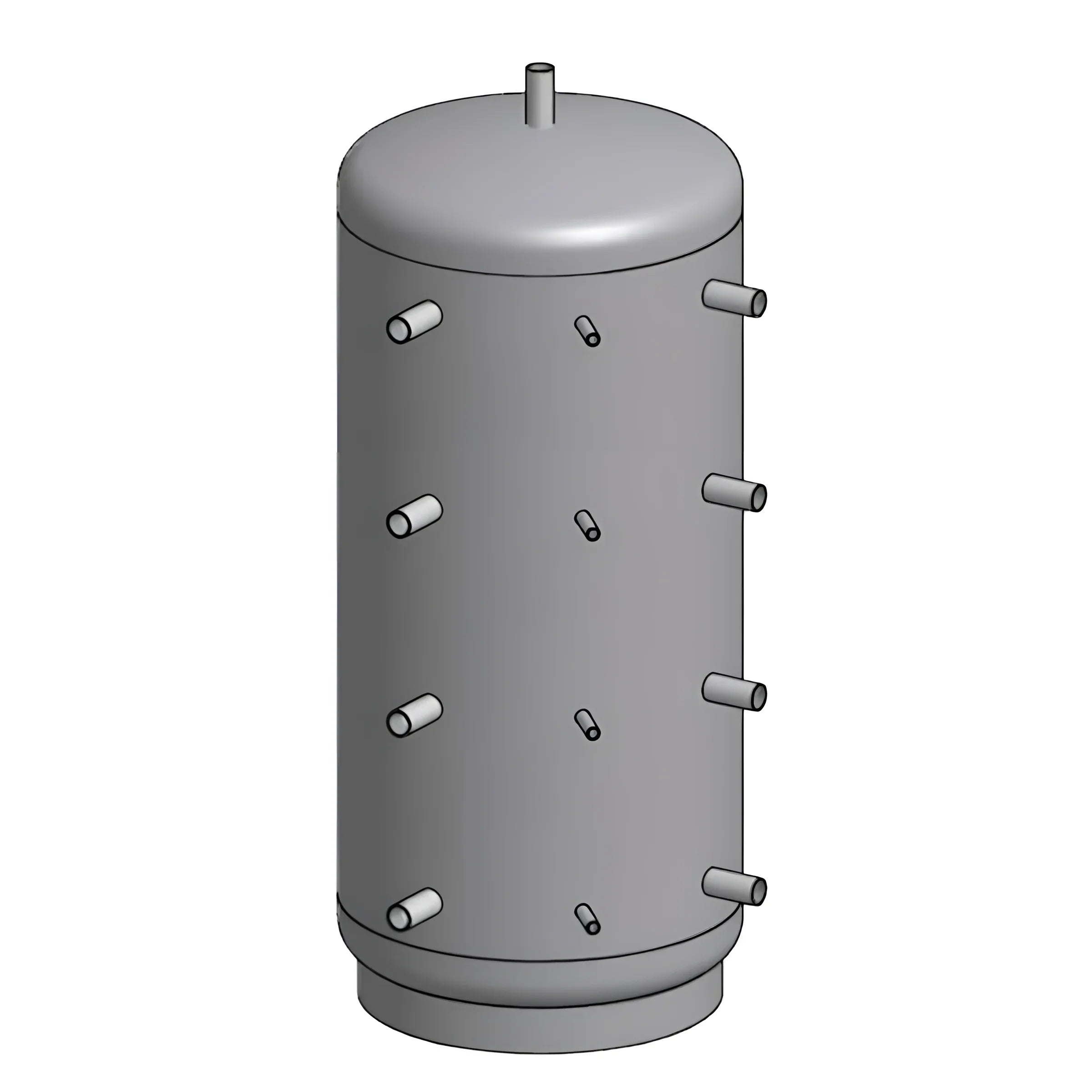 Grauer zylindrischer Pufferspeicher ohne Wärmetauscher mit mehreren Ports, ideal für Boiler-Zubehör