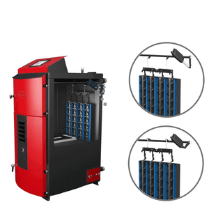 Roter und schwarzer Pelletkessel mit internen Komponenten für den Attack SLX Lambda 40 kW Holzvergaser