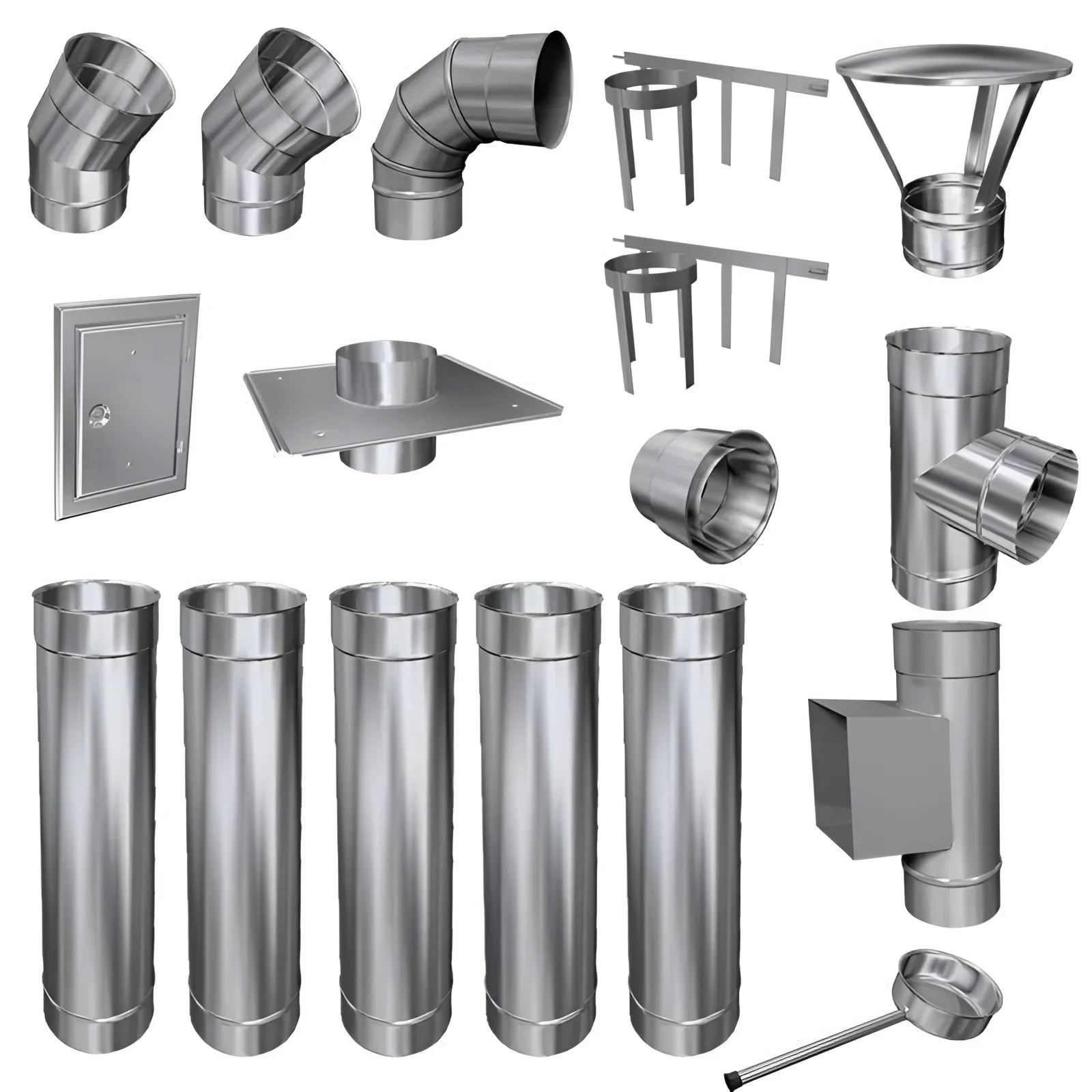 Assortiment von Metallschornstein-Komponenten für verschiedene Durchmesser und spezifische Anforderungen