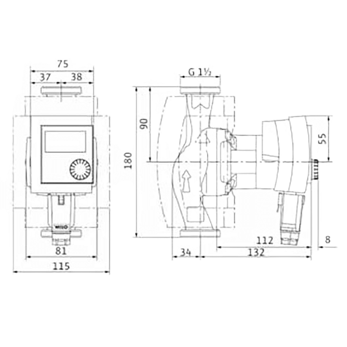 Technische Zeichnung der Wilo Stratos Pico DN 25 Umwälzpumpe mit Abmessungen und Anschlussdetails 📏💧