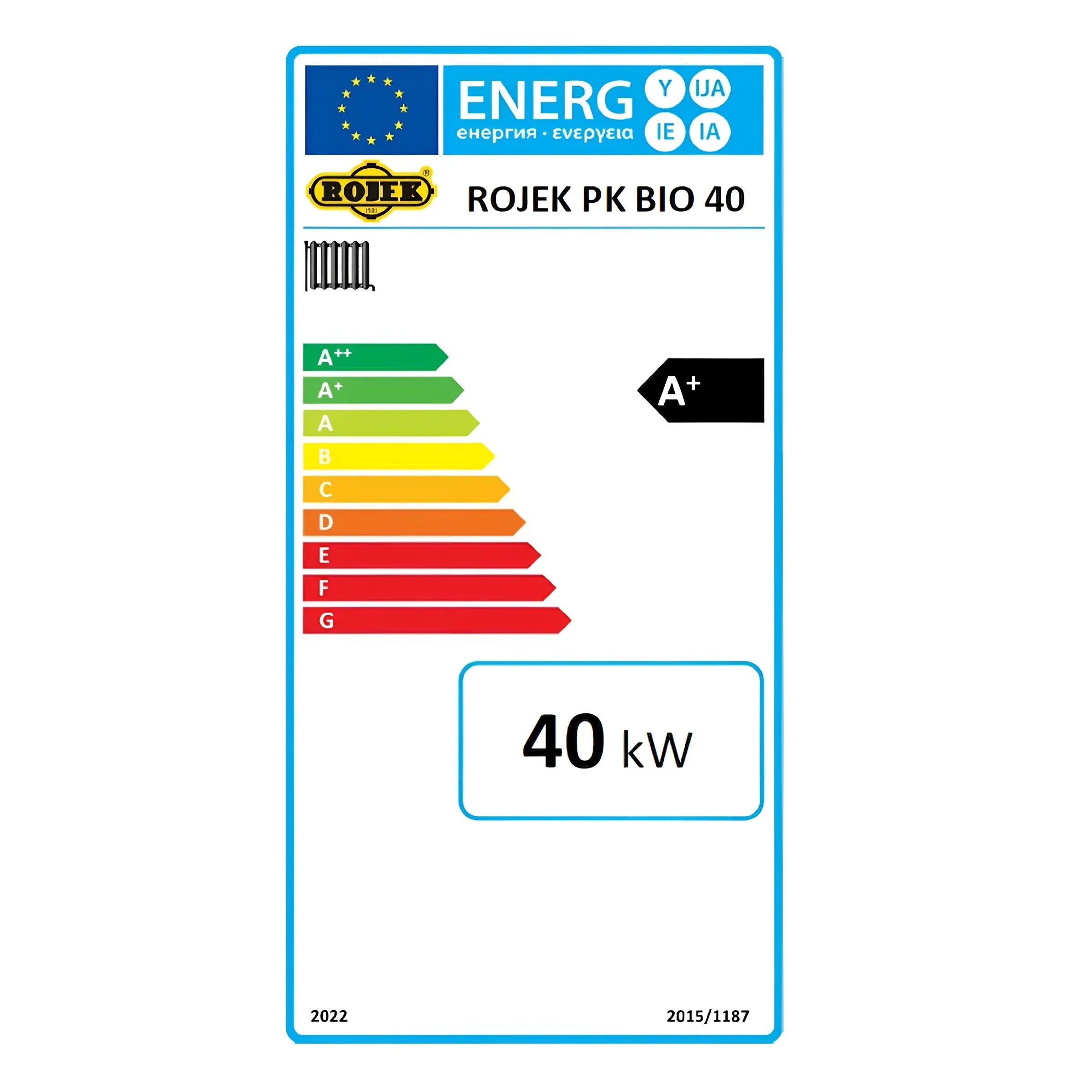 Energieetikett für Holzvergaser ROJEK PK BIO 40 mit A+ Bewertung und 40 kW Leistung 🔋🌍