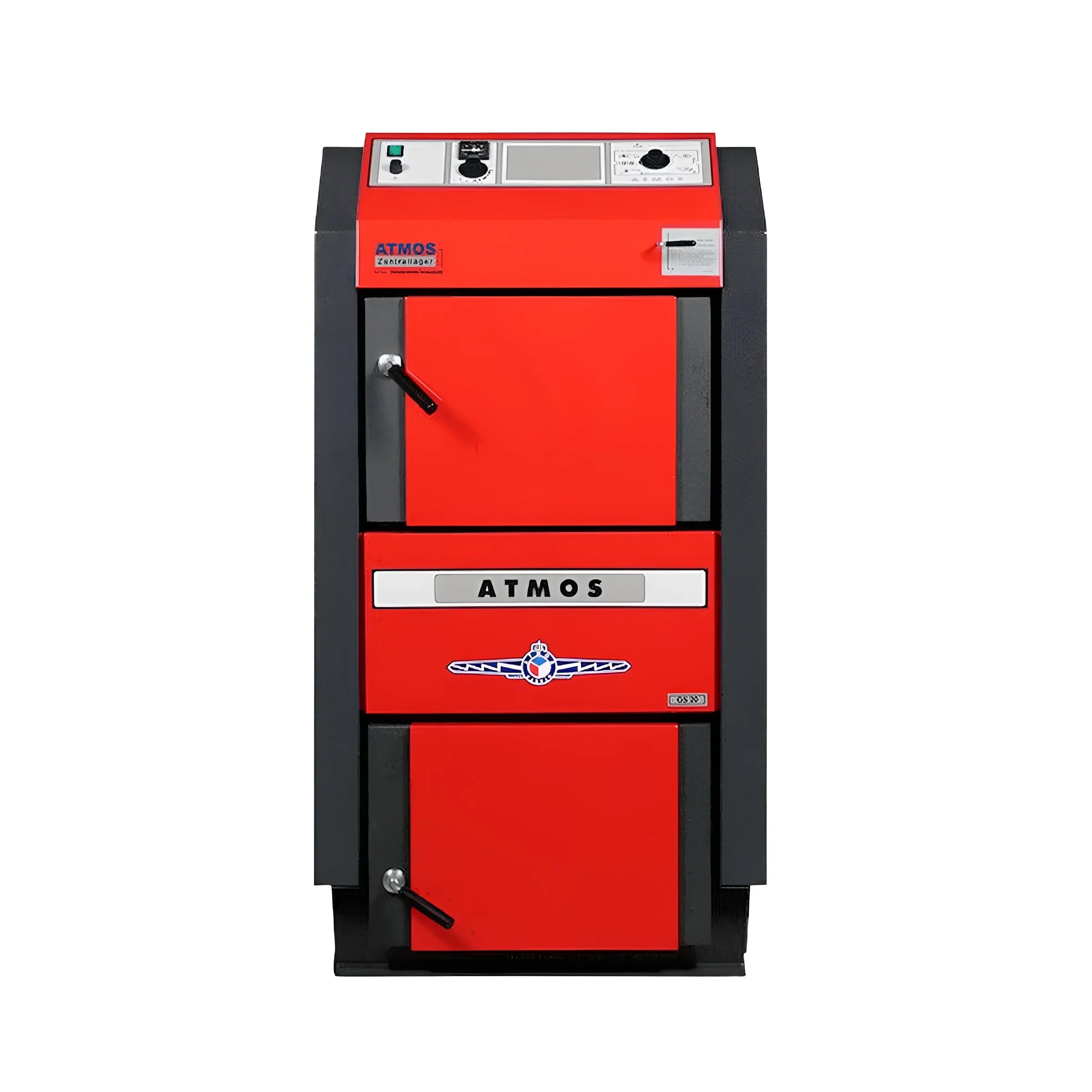 Red und grauer Feststoffkessel Heizkessel Holz Atmos GS 32 kW for nachhaltige Wärme