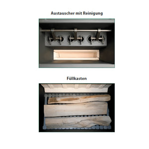 Innenansicht des Holzvergaser ROJEK PK BIO: Reinigungs-Austauscher und Füllkasten für Brennholz 🌲🔥.