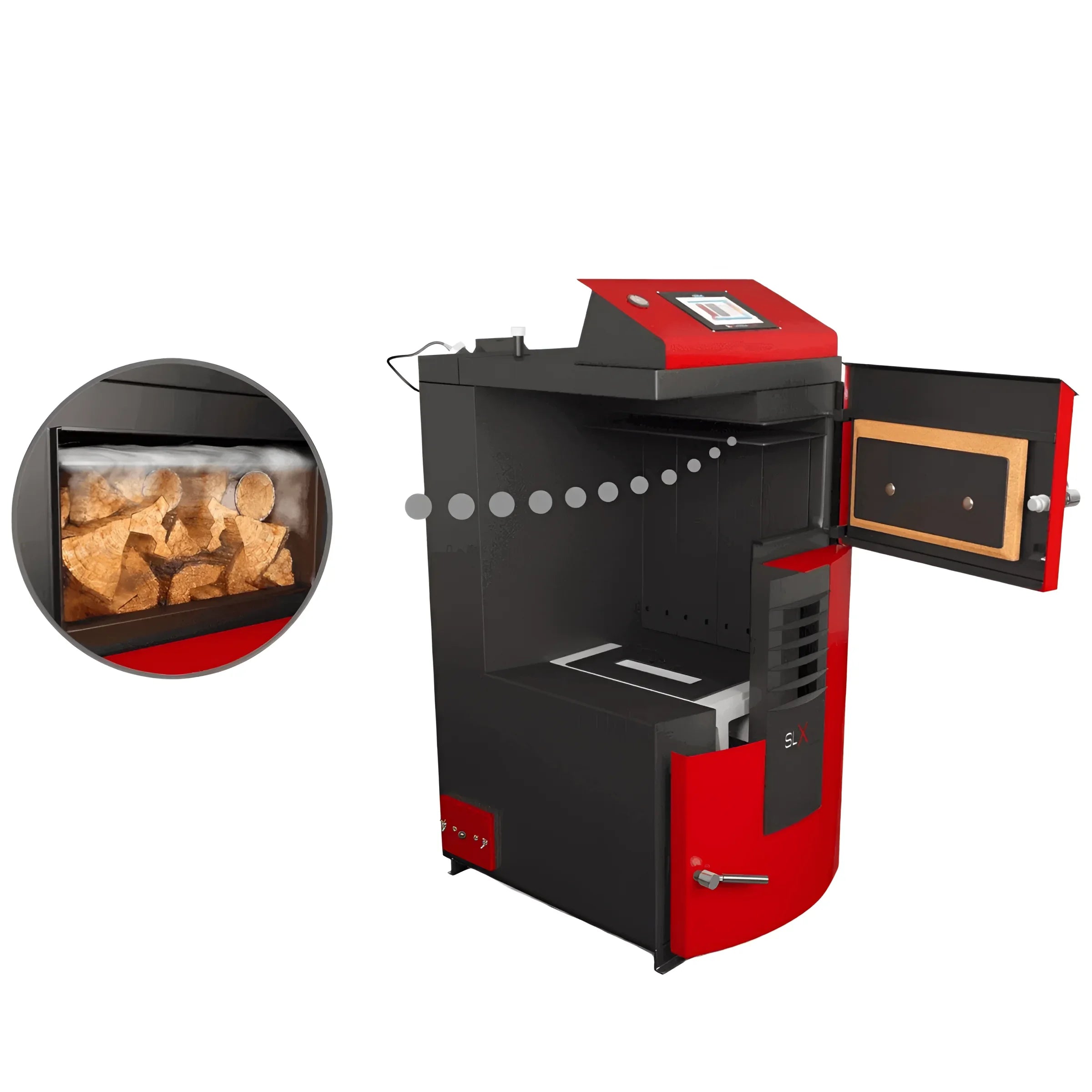 Roter und schwarzer Holzvergaserkessel Attack SLX Lambda 55 kW für effiziente Heizung