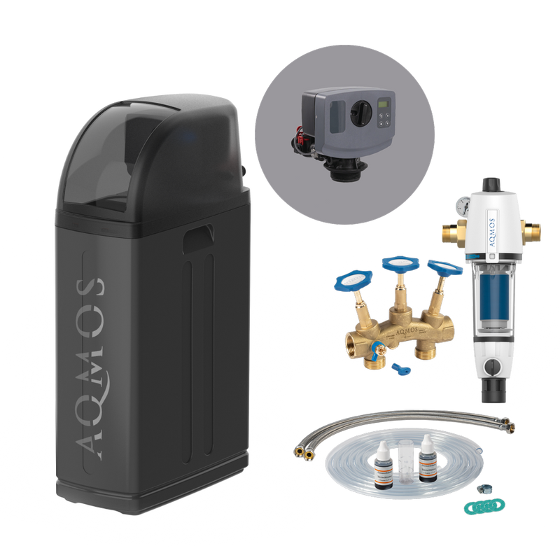 AQMOS R2D2-48 Black Edition Water Softening System Set with Backwash Filter, Connection Set and Mounting Block