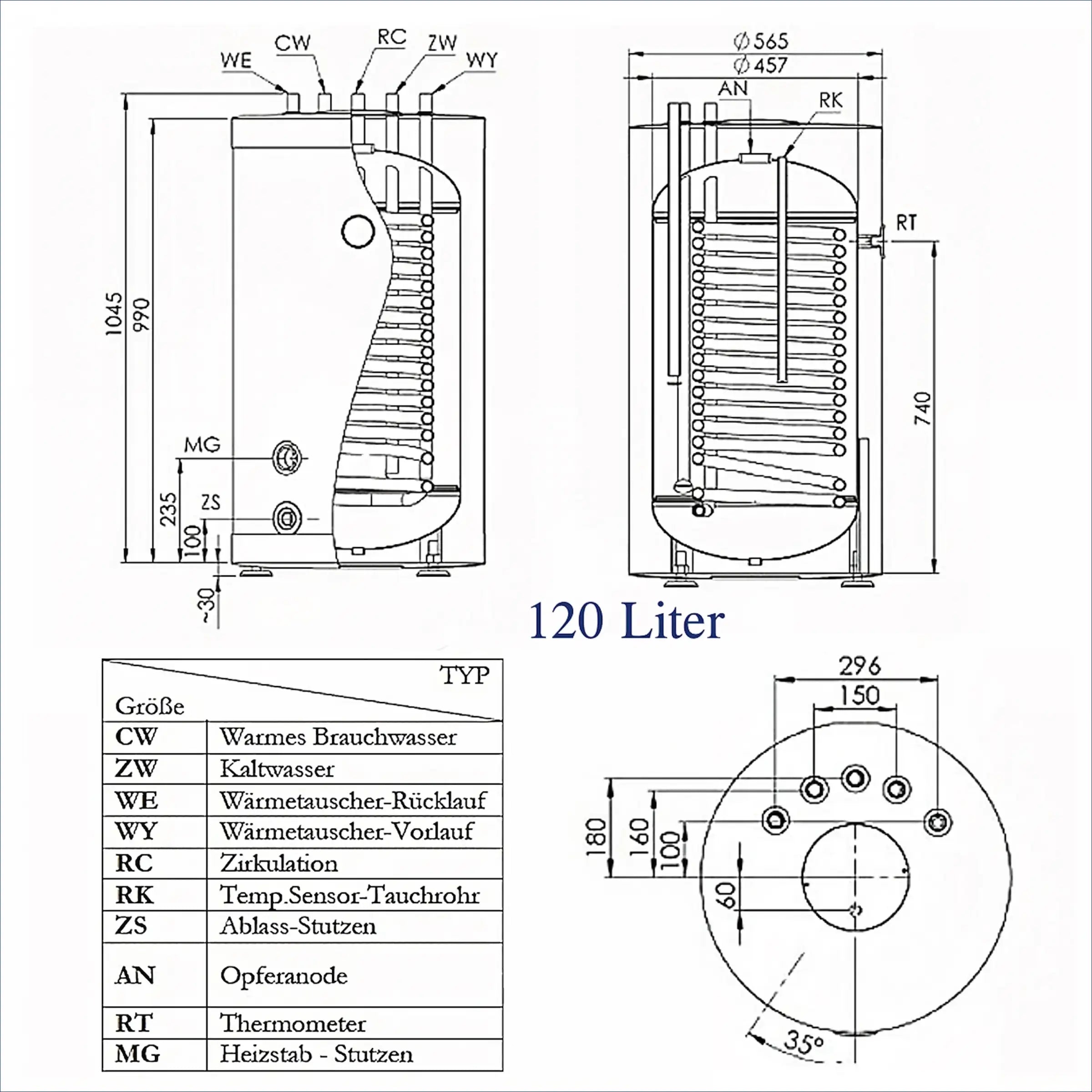 Technische Zeichnung des GEMA Warmwasserspeichers mit Heizstab, Dimensionen und Spezifikationen