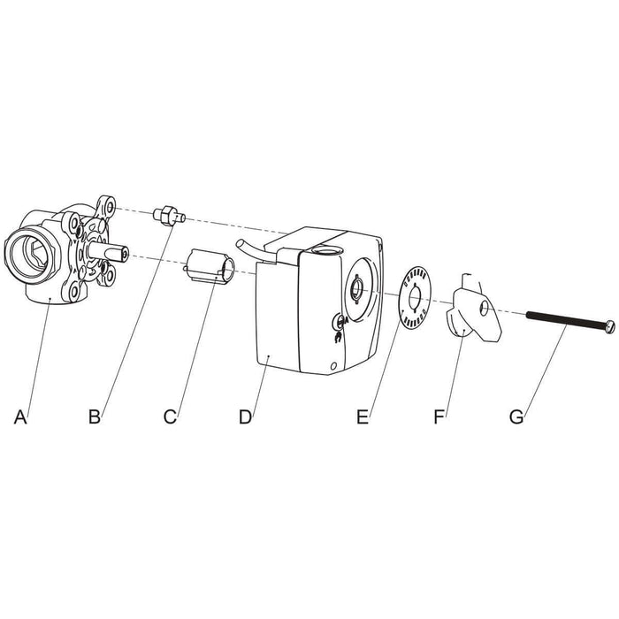 Diagram of LK 950 Stellmotor parts labeled A-G for assembly and maintenance. Precision engineering for HVAC systems.