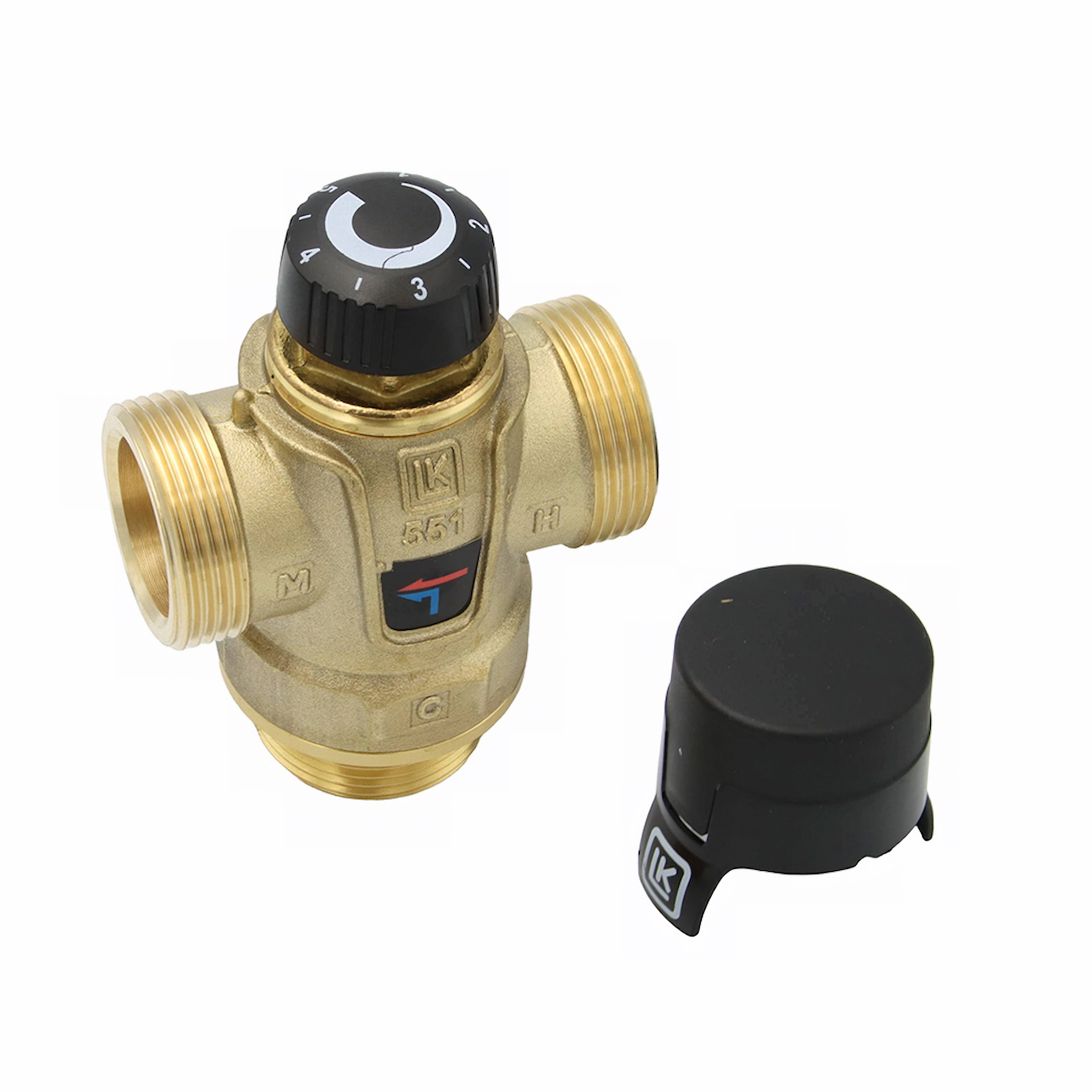 Brass thermostatic mixing valve with black adjustment knob, ideal for Kessel Speicher and Boilers
