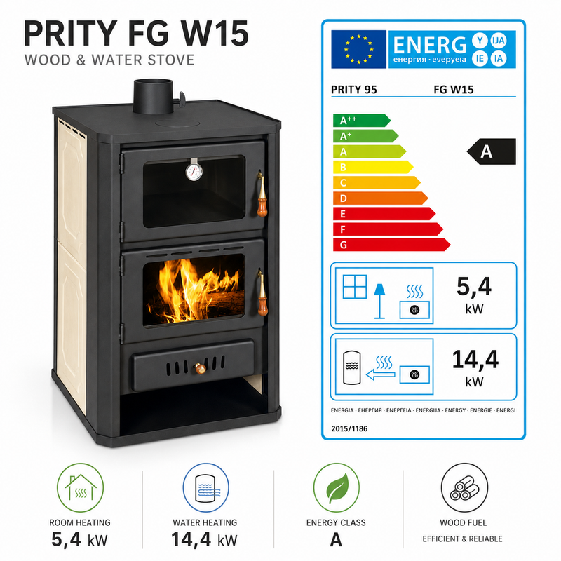 Ūdens padeves malkas krāsns ar cepšanas nodalījumu Prity FGW15 - 19,8 kW