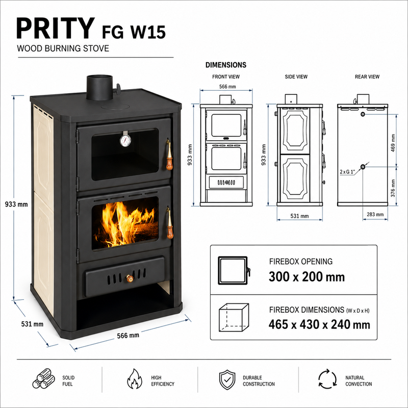 Ūdens padeves malkas krāsns ar cepšanas nodalījumu Prity FGW15 - 19,8 kW