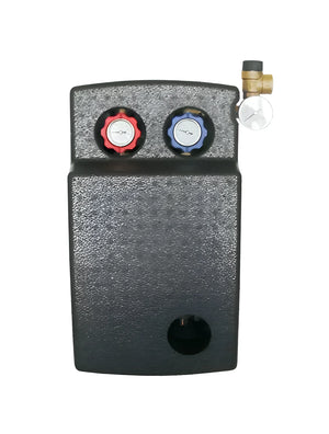 Schwarze rechteckige Wasserregelungseinheit für Solarkit AMX mit Hydra Sonnenstation und Logo PWM Solarregler