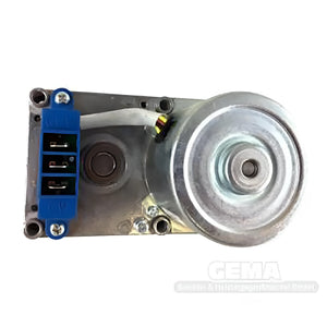 Elektrischer Motor mit blauer Kabelklemme und Metallriemenscheibe für Pelletkessel Thermoflux Pelling Eco
