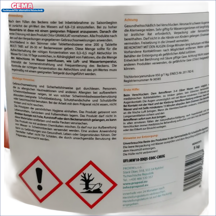 Pool Chlorproduktetikett für Chlortabletten in 5-Phasen Pflege und Reinigung