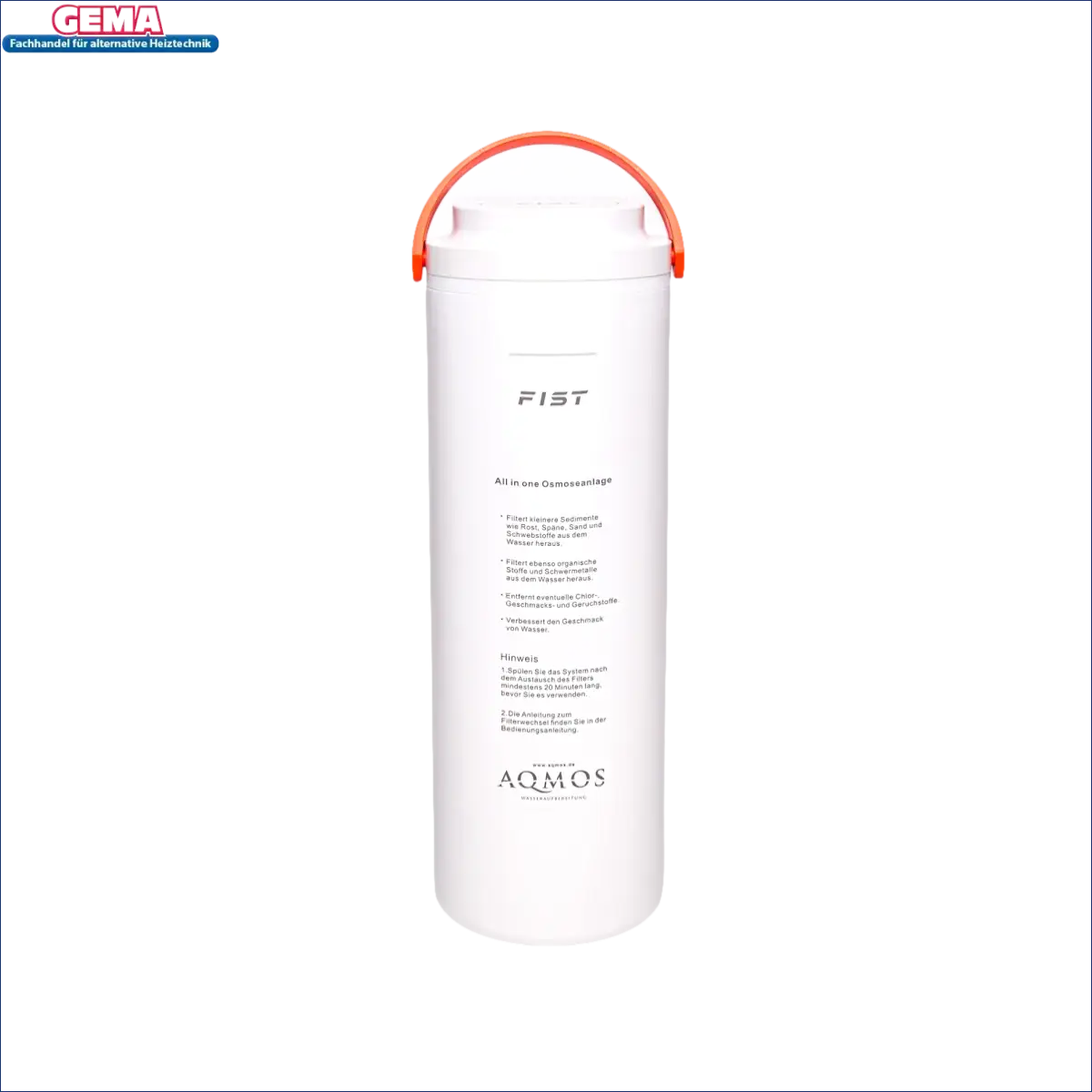 Weißer Wasserfilter mit orangefarbenem Griff für reines Trinkwasser in aqmos All-in-One Umkehrosmoseanlage