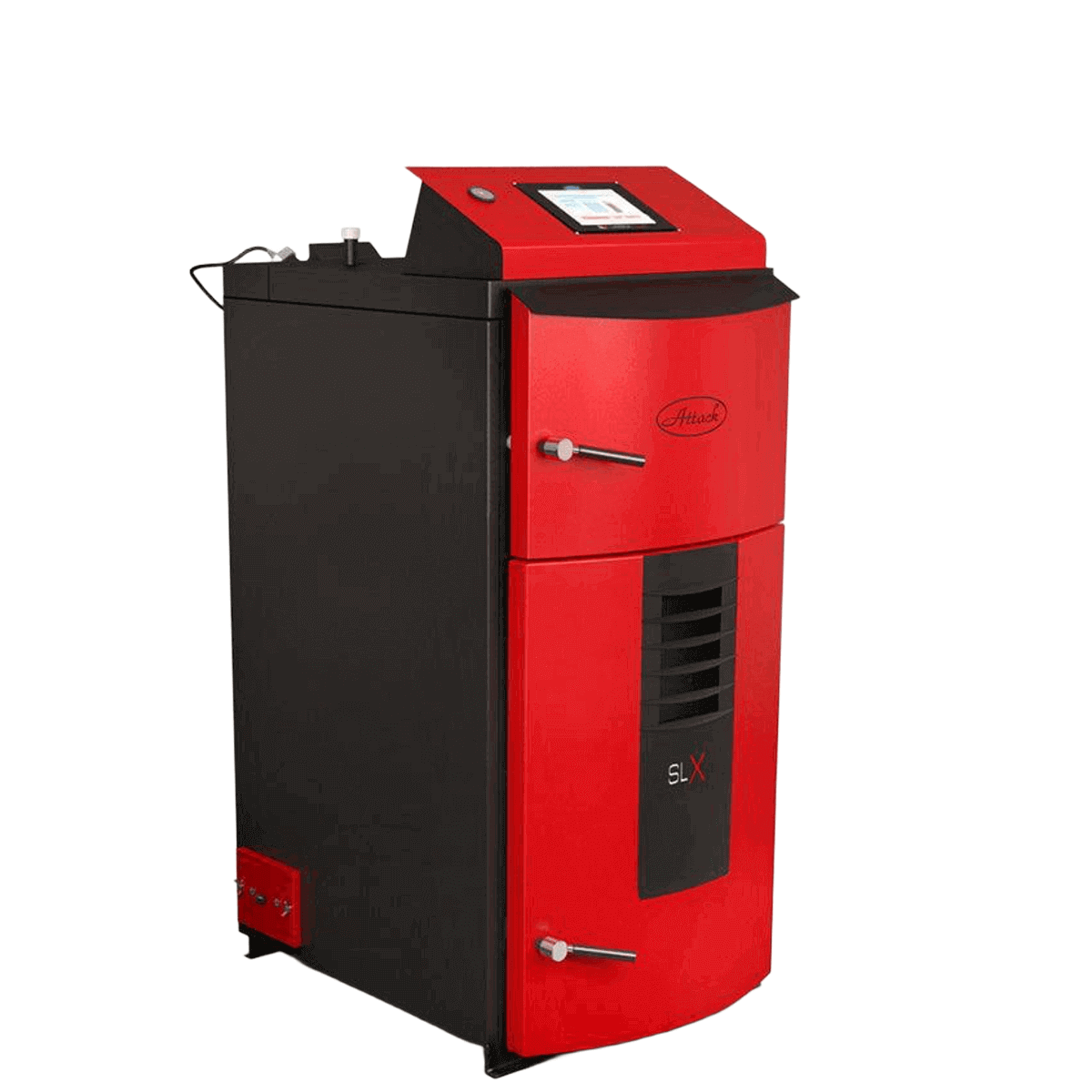 Roter und schwarzer Heizkessel aus dem Attack SLX Lambda Touch 20 kW Holzvergaser