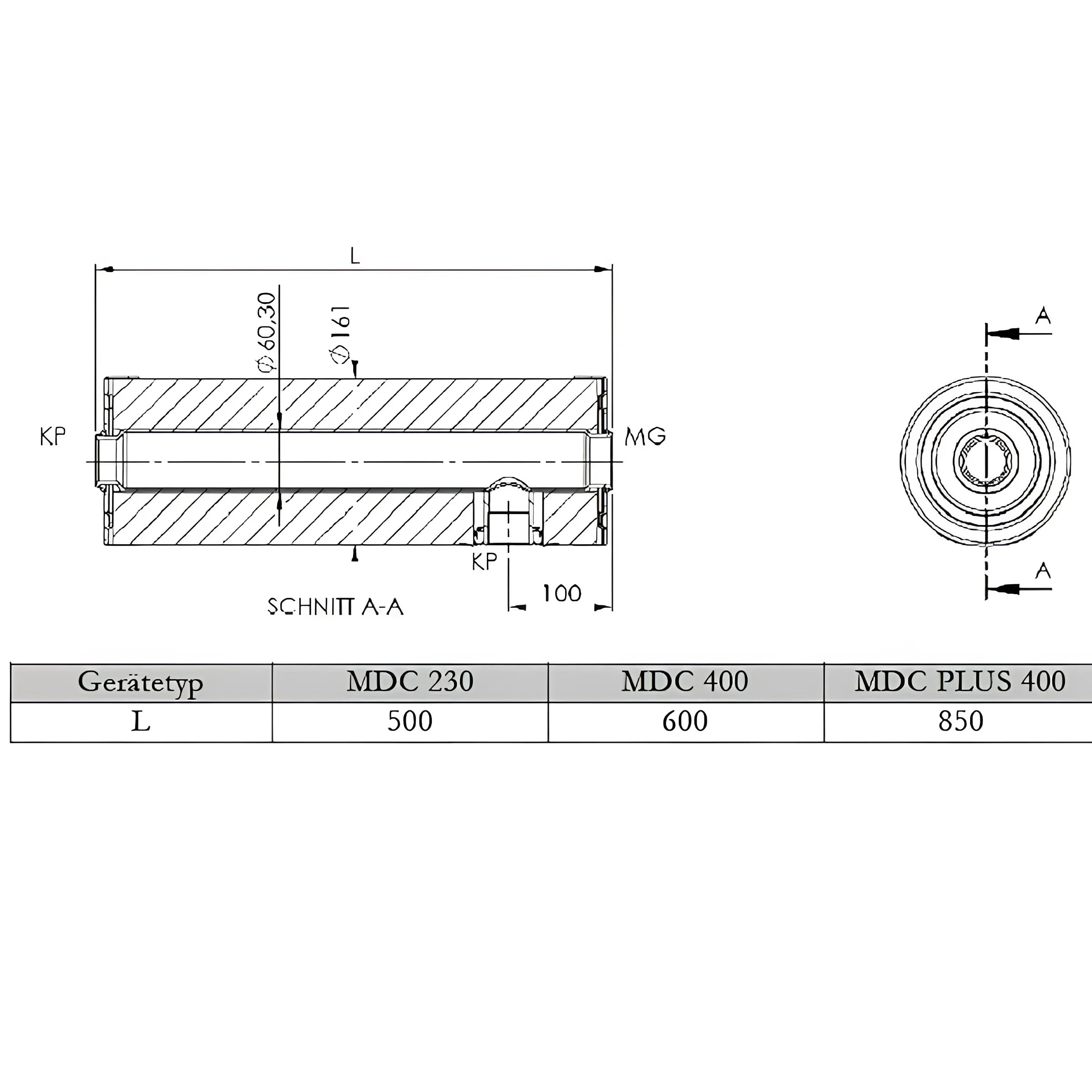Technische Zeichnung eines zylindrischen Durchlauferhitzers MDC 400P mit Abmessungen