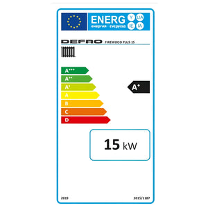 Energieeffizienzlabel für den Defro Firewood Plus 15 kW Holzvergaserofen