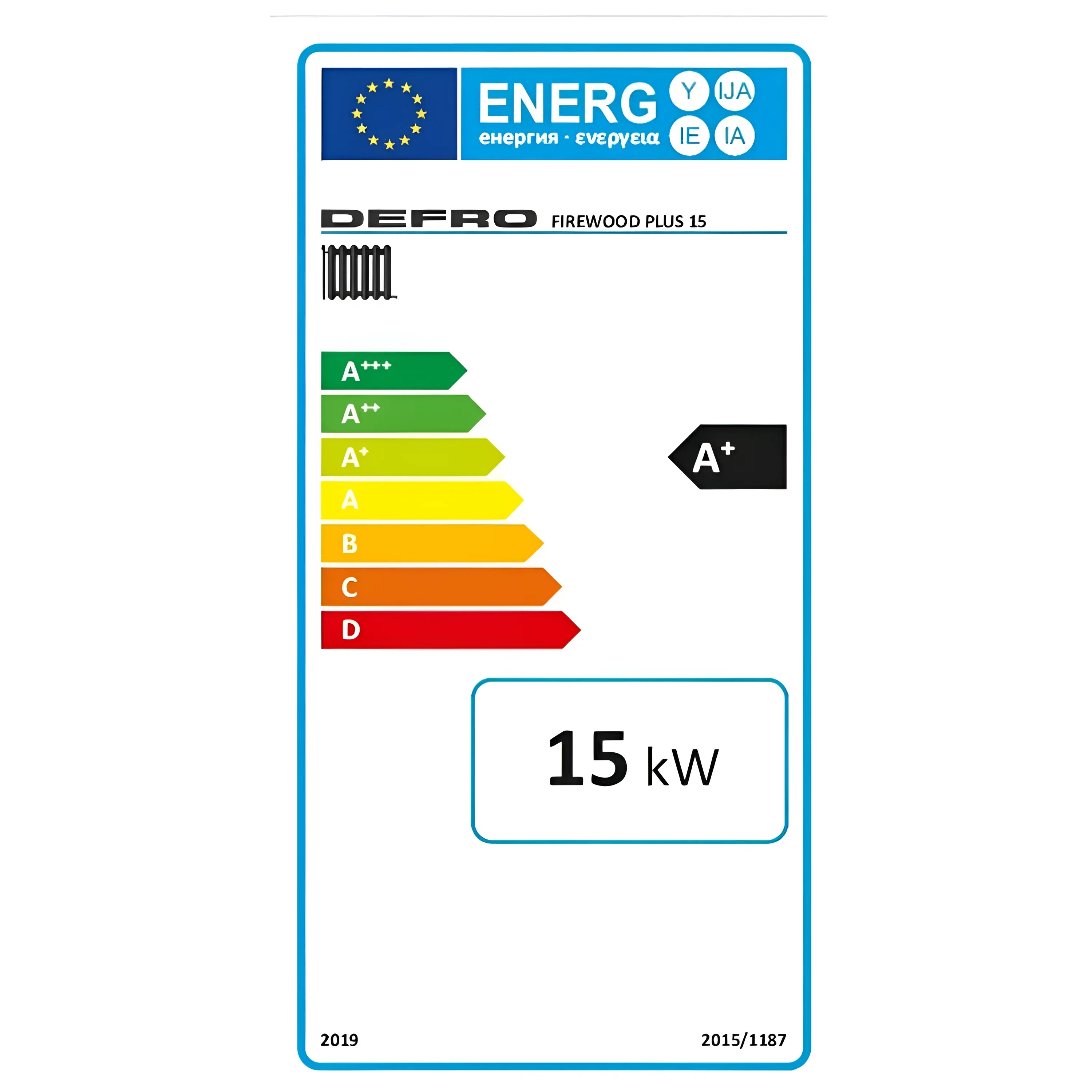 Energieeffizienzlabel für den Defro Firewood Plus 15 kW Holzvergaserofen