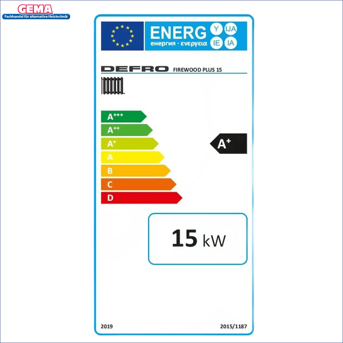 Energieeffizienzlabel für den Holzofen Defro Firewood 15 kW plus Pufferspeicher