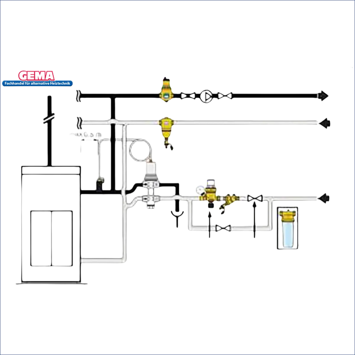 Plumbing diagram for Caleffi doppelte thermische Ablaufsicherung ½’ bei 90-100°C