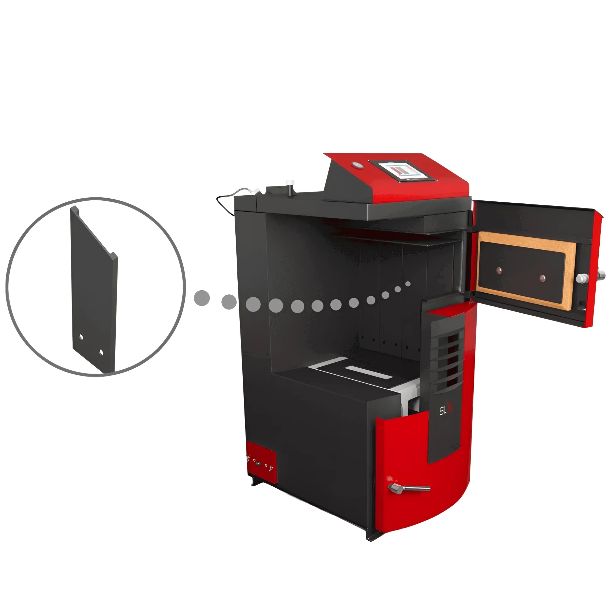 Attack SLX Profi Holzvergaser 55 kW mit offenem roten und schwarzen Holzvergaserkessel, robuste Bauweise