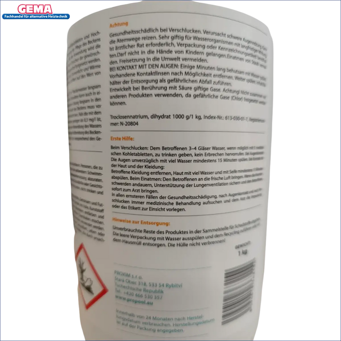Reinigungsetikett auf Chlorgranulat 1 kg für Wasserdesinfektion und Poolpflege