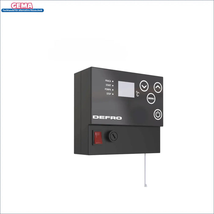 Defro Bedienfeld mit Display und Steuerung für 12 kW Scheitholzkessel, intuitives Design für einfache Nutzung.