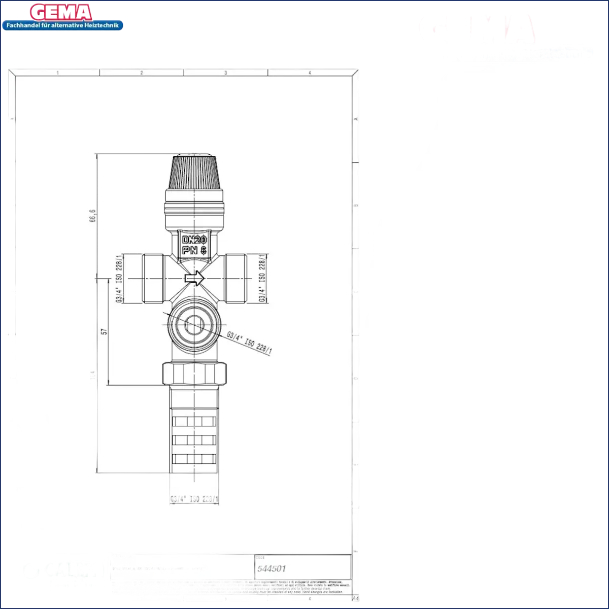 Diagramm einer doppelten thermischen Ablaufsicherung mit Maßangaben für 3/4 Zoll