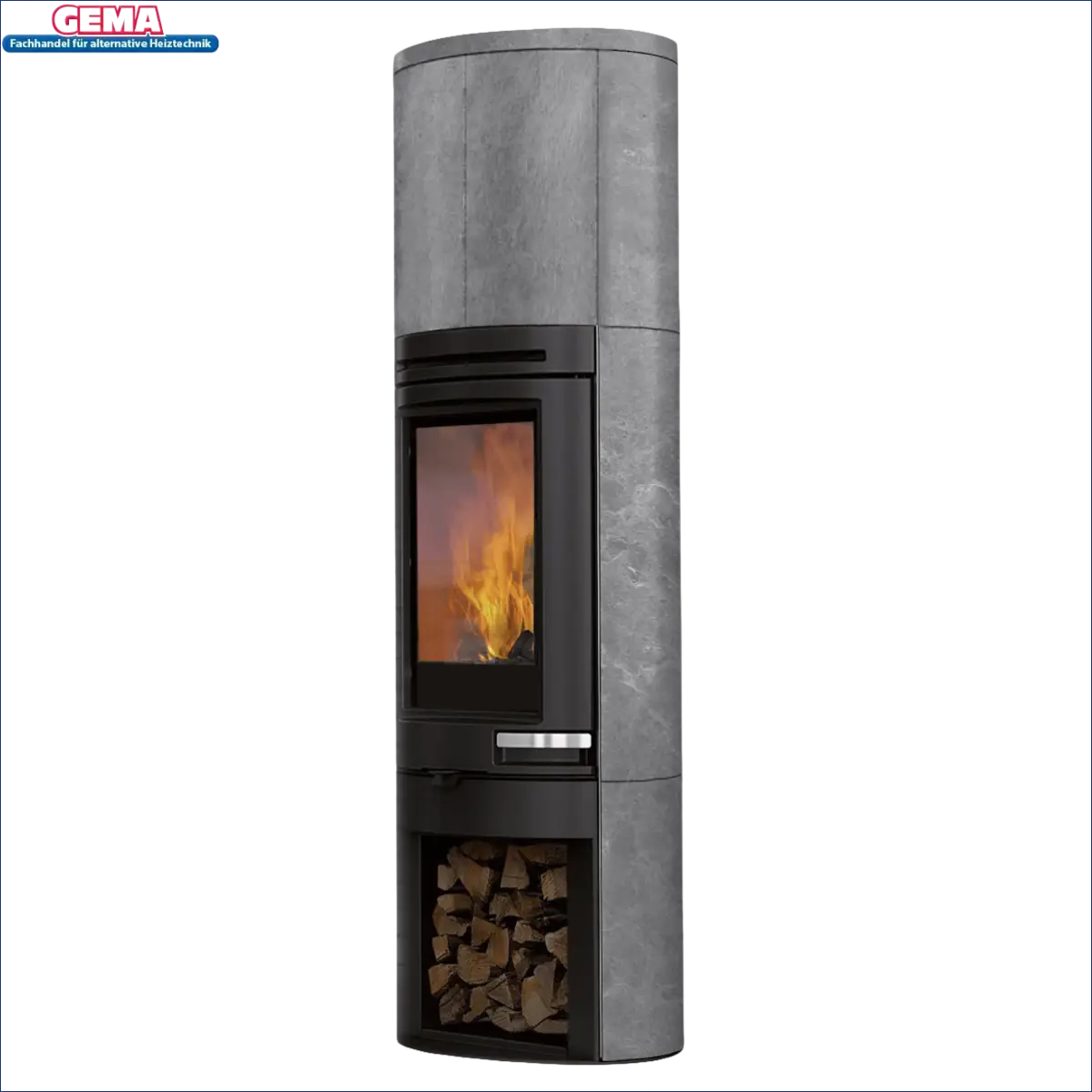 Grauer Steinstaubspeicherofen Edilkamin Tally S Evo mit sichtbaren Flammen und Holzlager