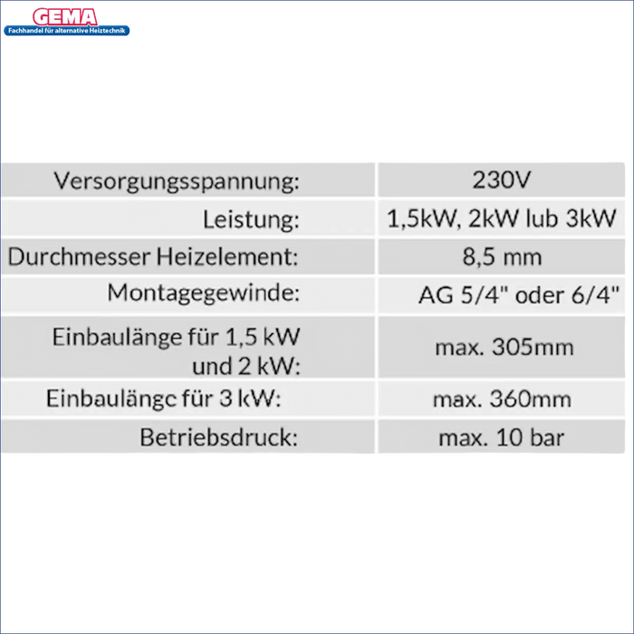 Technische Spezifikationsübersicht des Elektroheizstab Einschraubheizkörpers mit App-Steuerung