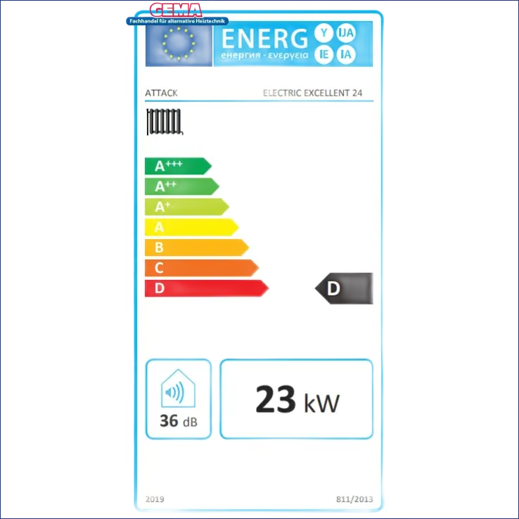 Energieeffizienzlabel für den Elektrokessel ATTACK Electric Exellent 24 kW, umweltfreundliche Heizlösung