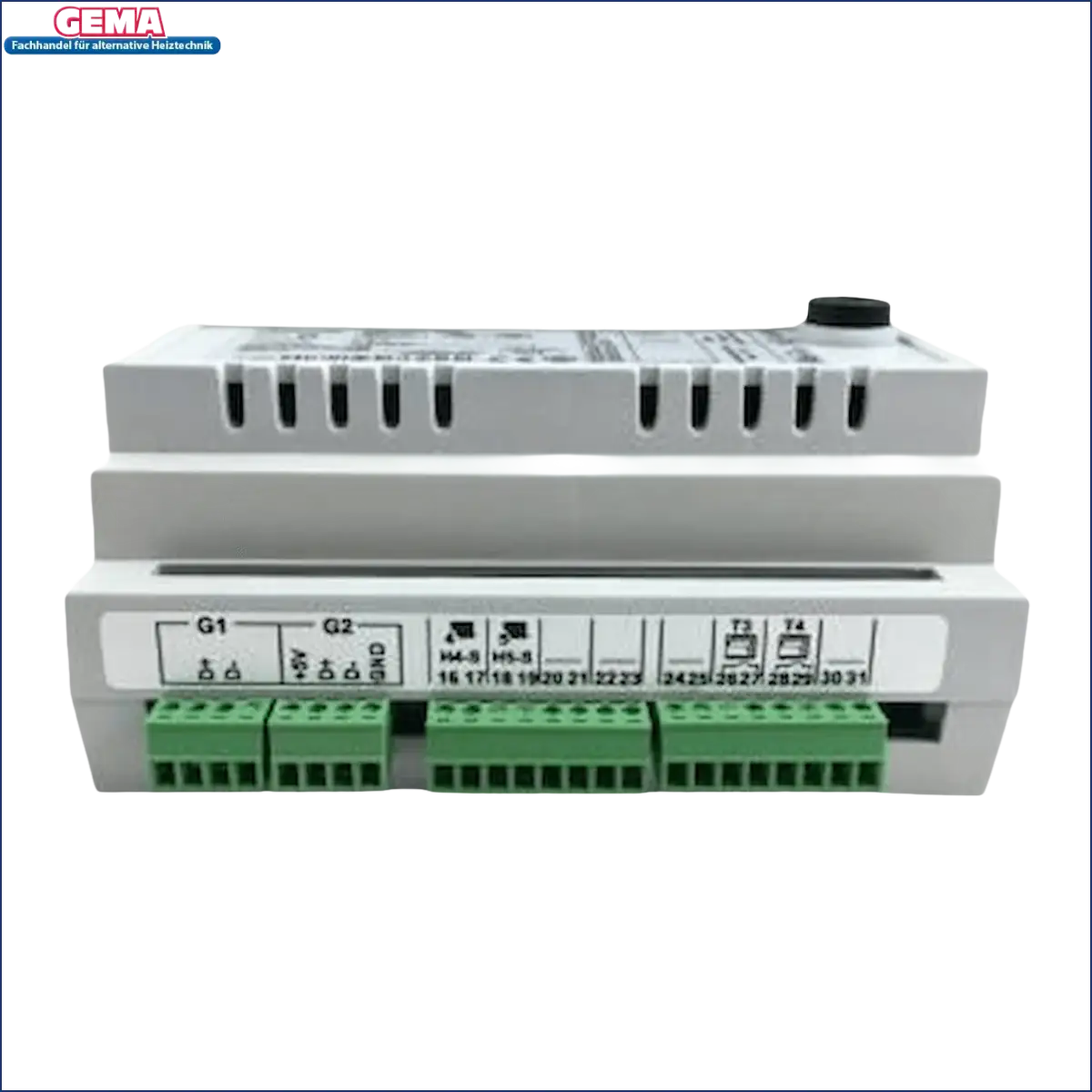 Graue elektronische Steuerungseinheit mit grünen Anschlussklemmen für Erweiterungsmodul B Gema Control