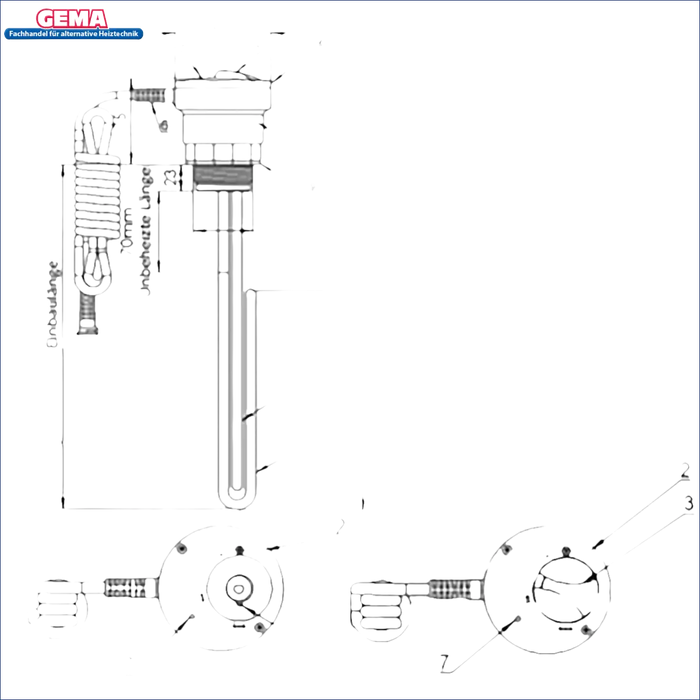 Diagramm eines Heizstabs mit beschrifteten Komponenten für Heizpatrone 230V 1,5 kW