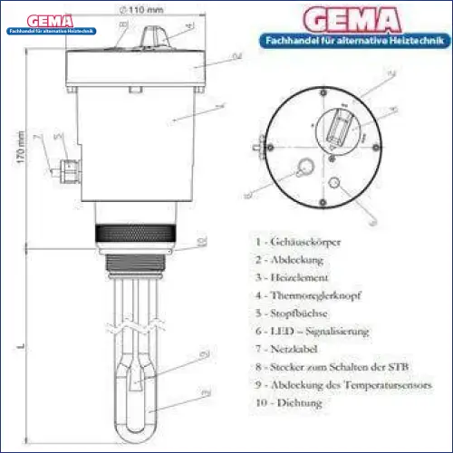 Heizstab 9 kW mit einstellbare Heizpatrone - GEMA Shop