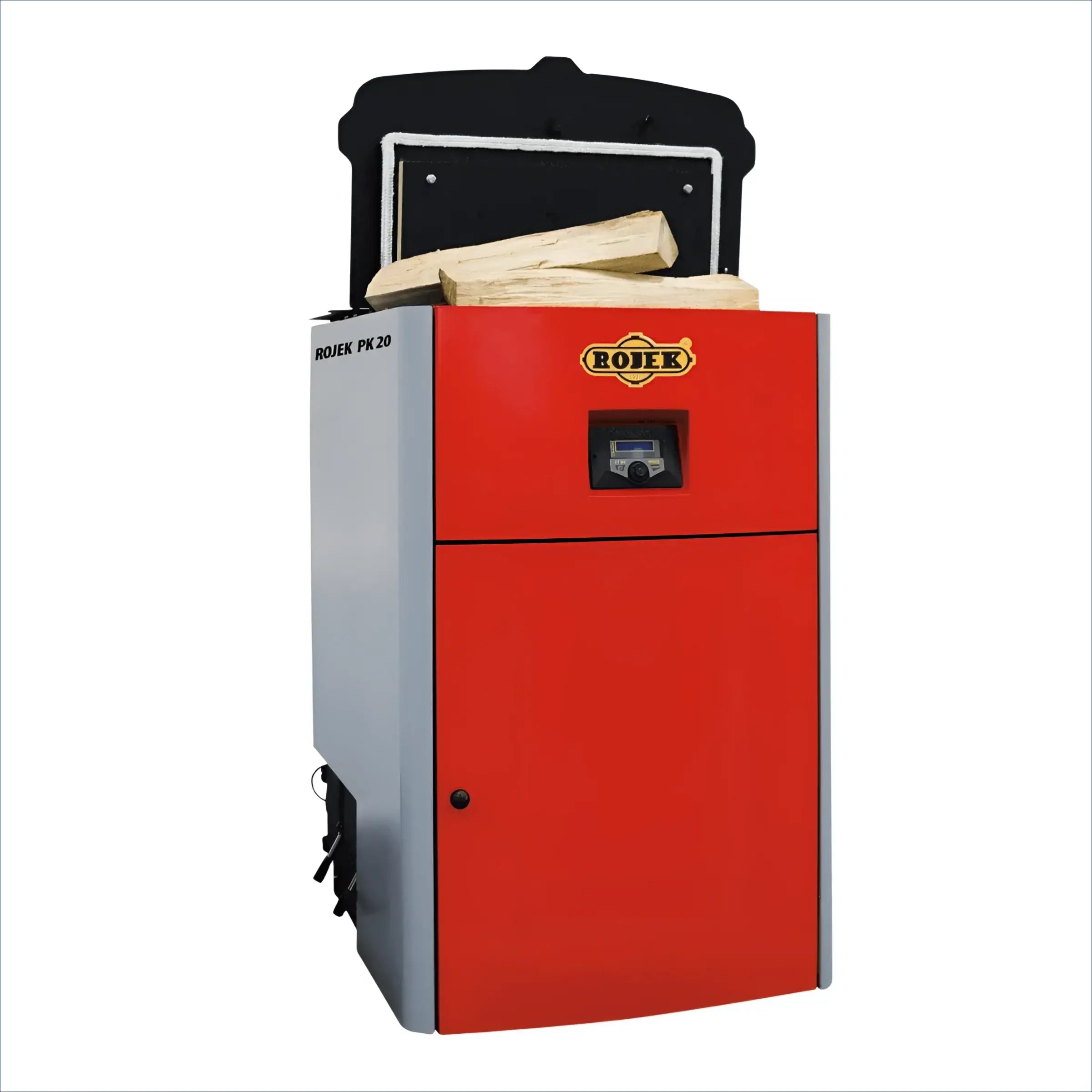 Roter und grauer Holzvergaser Boiler bei Holzvergaser ROJEK PK BIO 60 kW