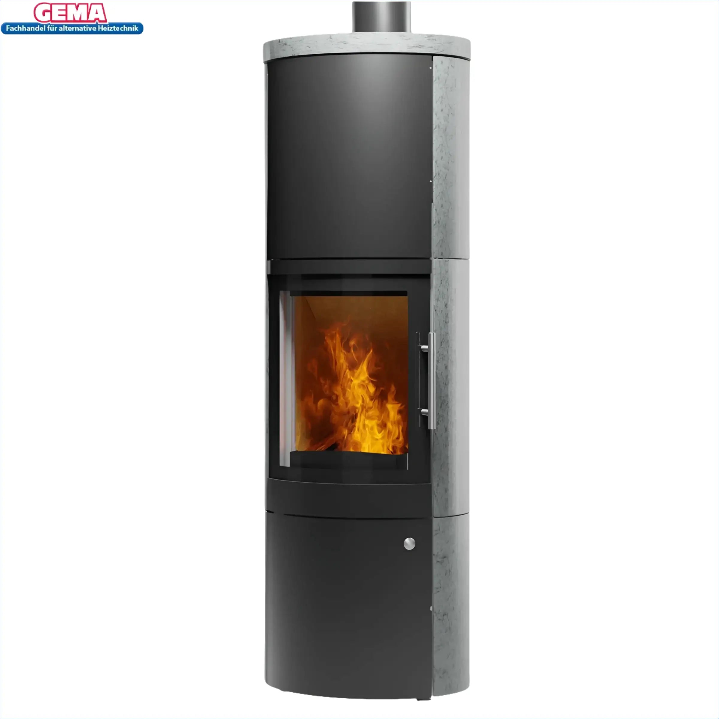 Moderne Kaminofen Leo von Königshütte 5 kW mit sichtbaren Flammen und Rauchrohranschluss erfolgt