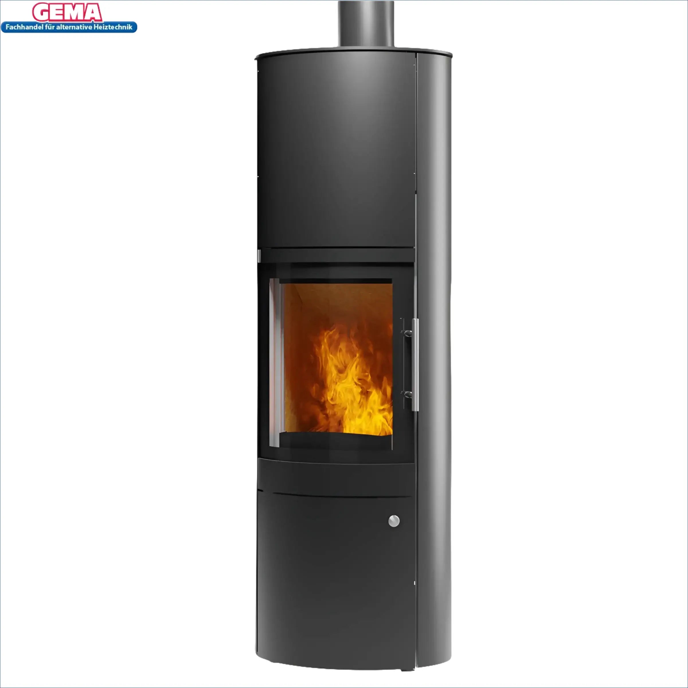 Schwarzer Kaminofen Leo von Königshütte 5 kW mit sichtbaren Flammen, Rauchrohranschluss erfolgt