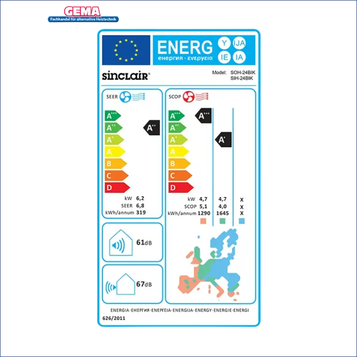 Energieeffizienzlabel für Sinclair Klimaanlage Keyon Serie