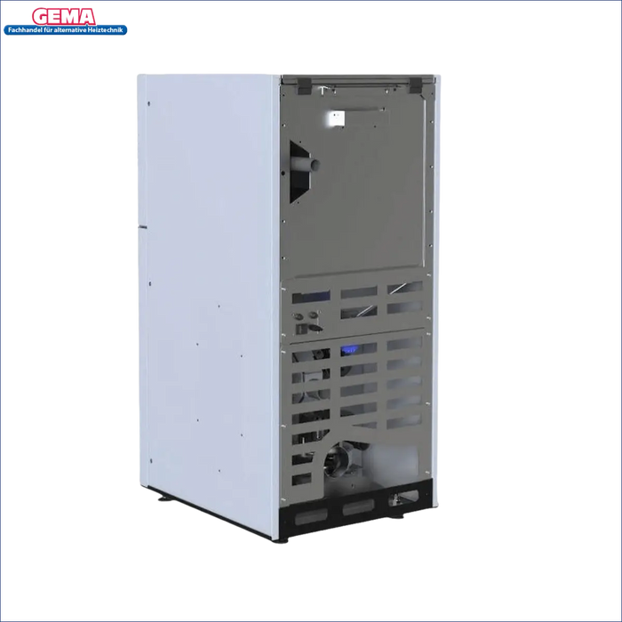Weiße und silberne Industrieanlage Pelletkessel EVOPELL von Defro 15 kW