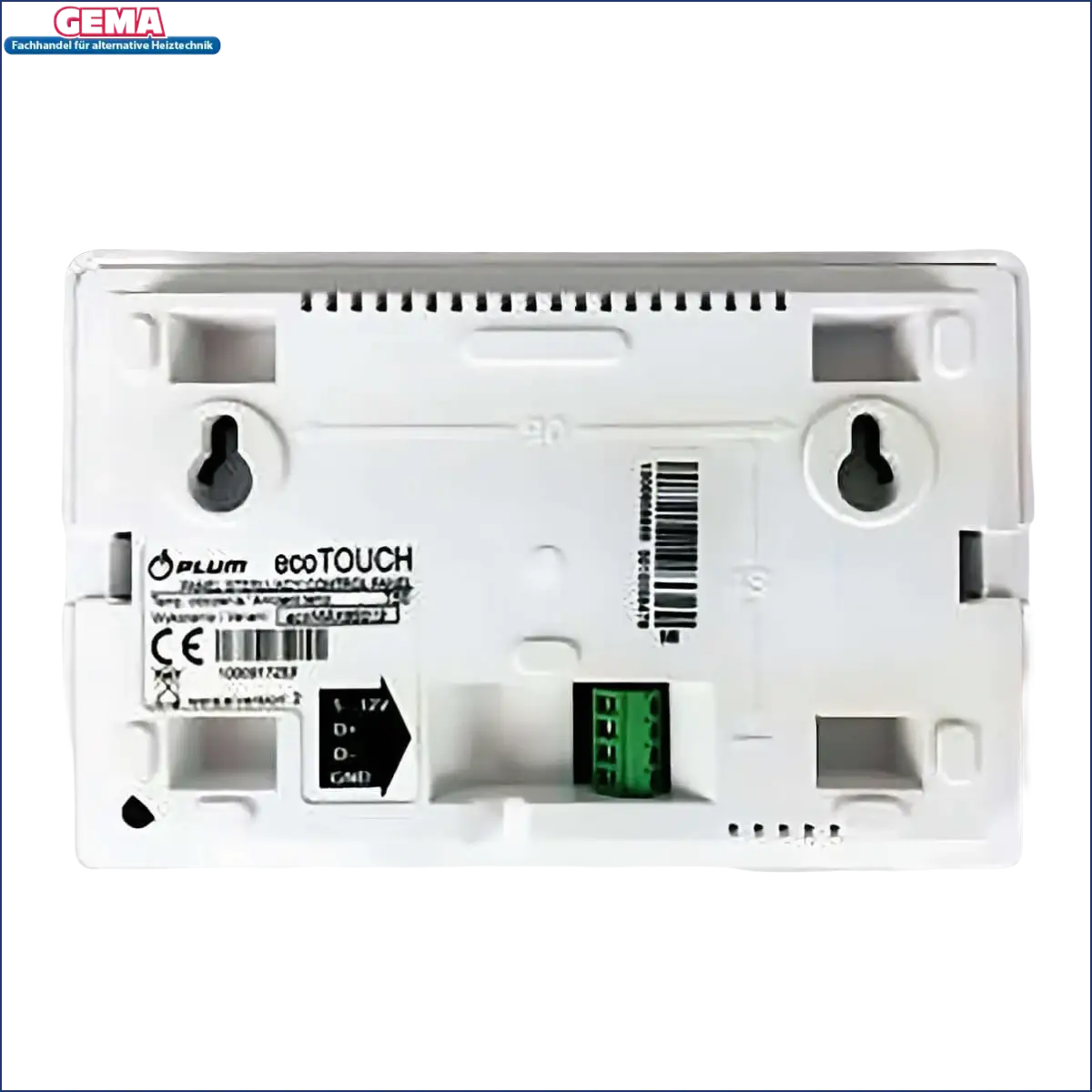 Weiße wandmontierte Steuerungspanel mit grüner Anschlussklemme für PLUM ecoTouch Raumthermostat