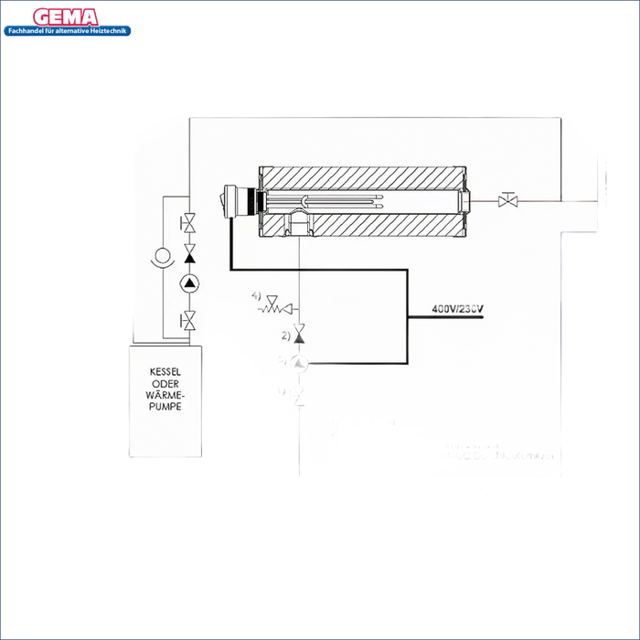 Diagramm eines Heizsystems für PV Durchlauferhitzer Heizmodul Notheizung 1 1/2’’ MDC 400P