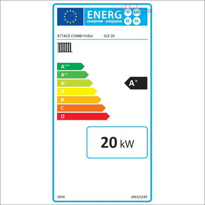 Energieeffizienz-Label für einen Pelletskessel mit Pufferspeicher in Rotes und schwarzes Pelletskesselsystem