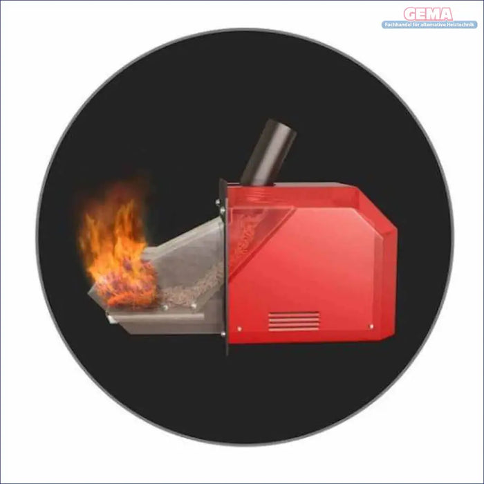Rotes Pelletskesselsystem mit Flammen und Pufferspeicher, nachhaltige Heiztechnik