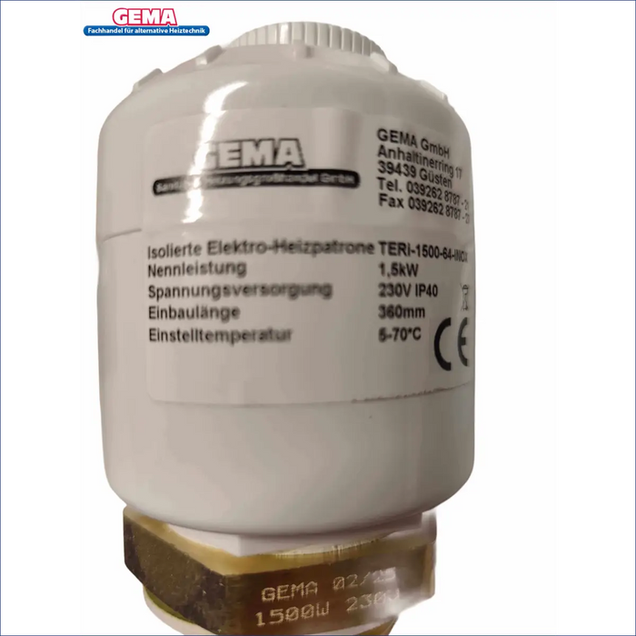 Isolierte Elektro-Heizpatrone TERi 1,5 kW für effiziente Warmwasserbereitung, 230V IP40, Einstelltemperatur 5-70°C.