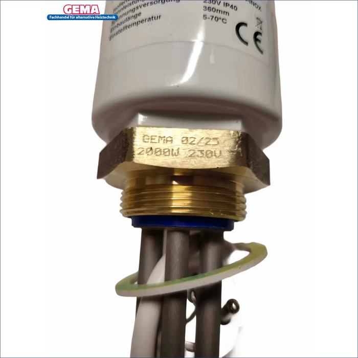 Heizstab 2000W für Warmwasserspeicher mit goldener Ansicht und technischem Label. Effiziente Wassererwärmung 💧⚡