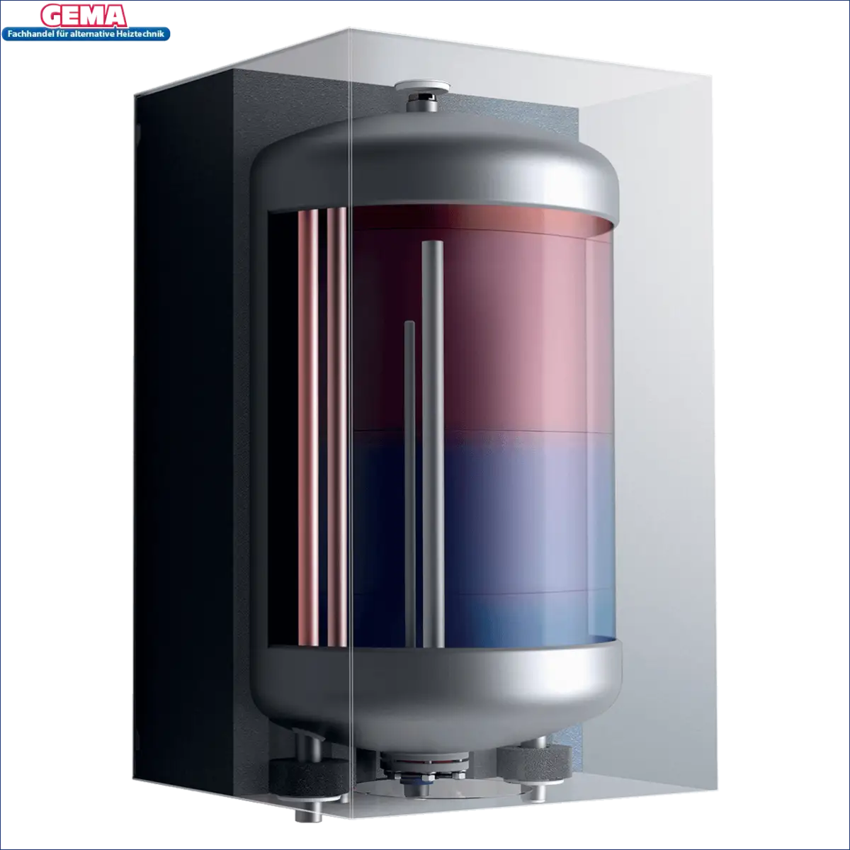 Ansicht eines Cutaway-Modells der Vaillant Ecotec Plus Gastherme mit Speicher und Heizungsregler Sensocomfort VRC